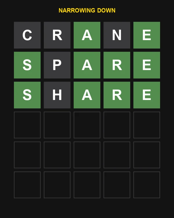 Wordle Unlimited mid-game — narrowing down with multiple greens locked in