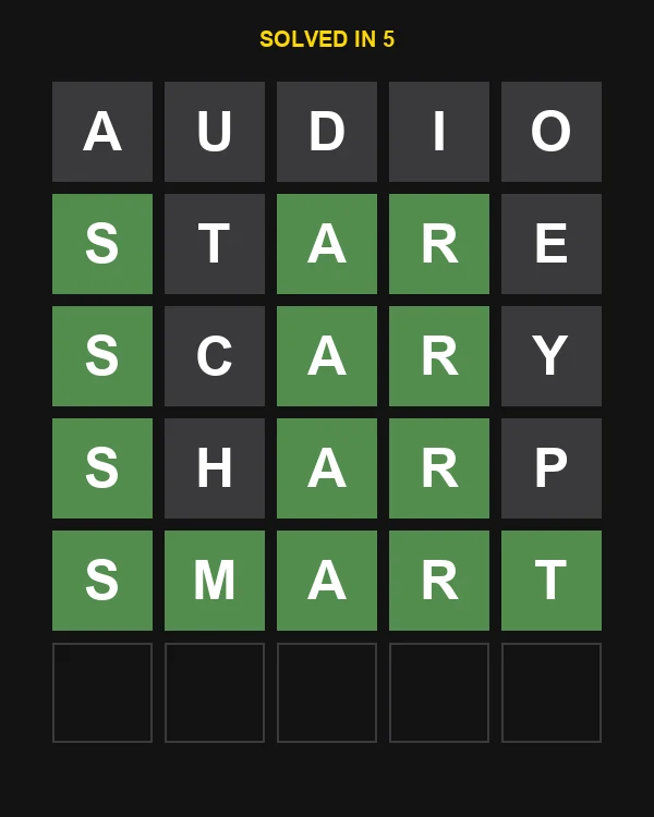 Wordle Unlimited solved in 5 attempts — final row all green